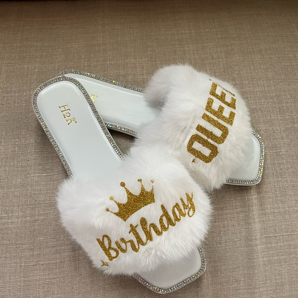 Birthday Queen glitter fur slippers